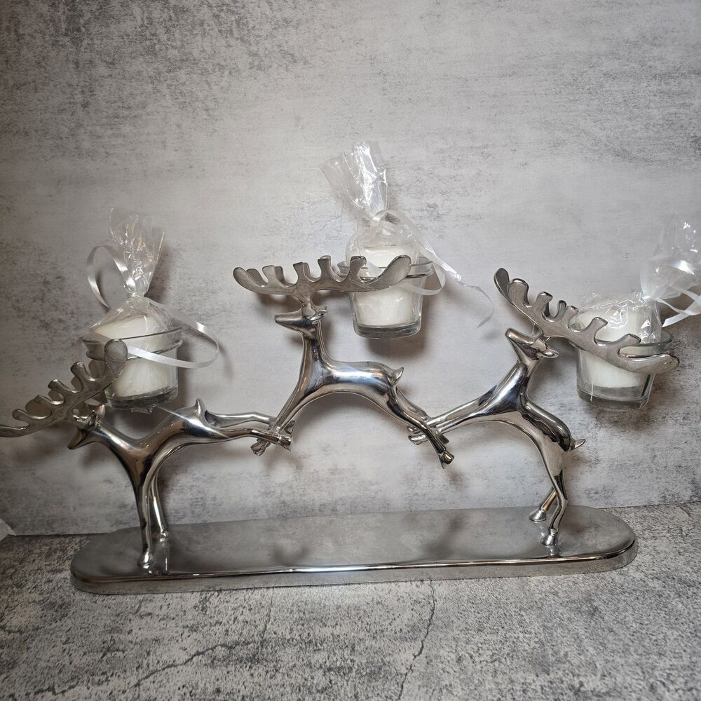 Pottery Barn Three Leaping Reindeer and Glass Votive Candle Holder Christmas - Picture 5 of 7